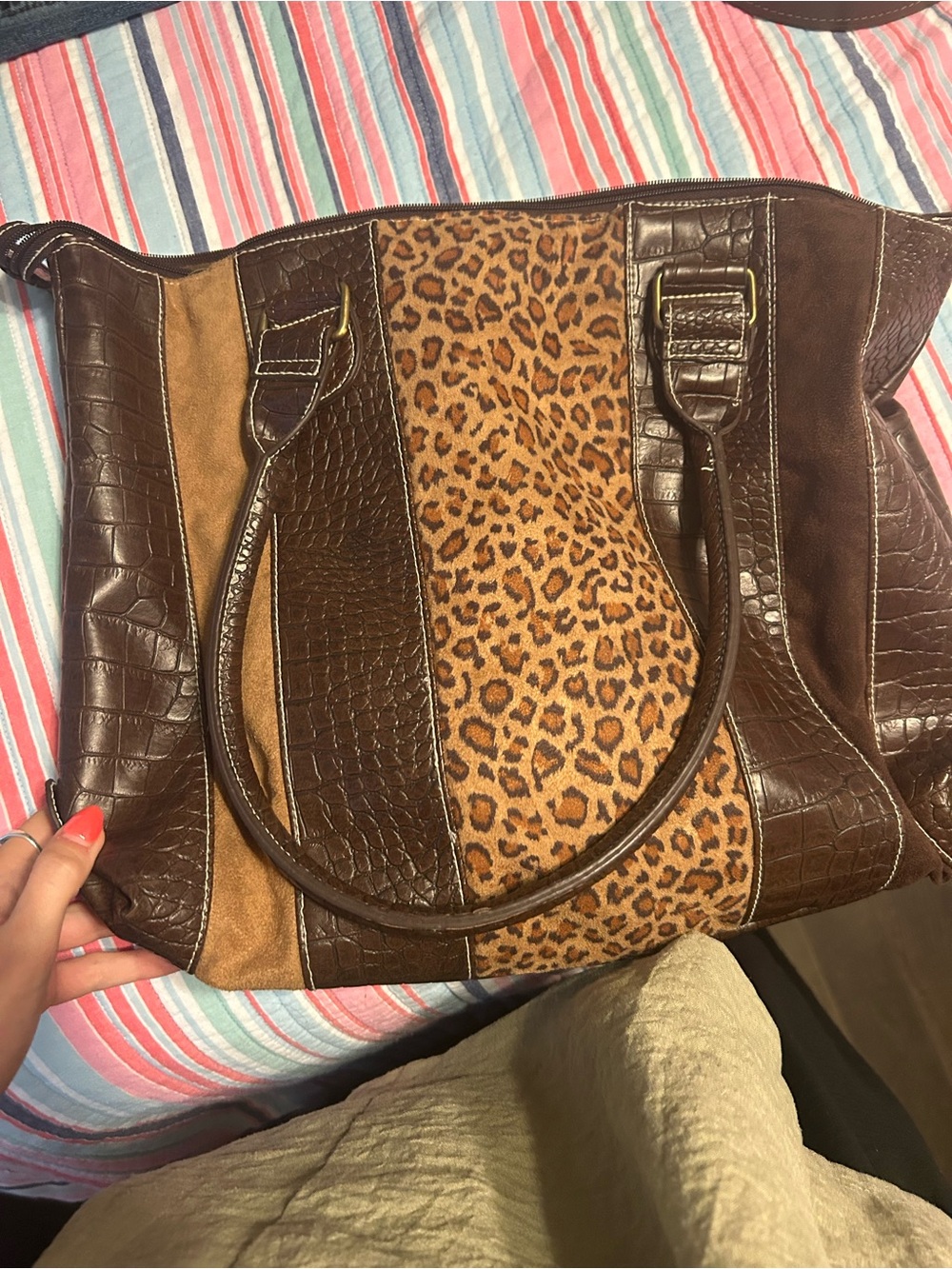 Bueno Brown Leopard Panel Patchwork Tote